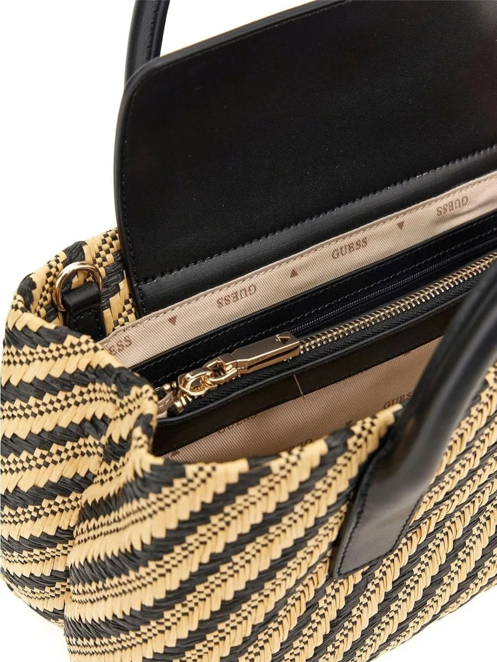 New GUESS Black and Natural Woven Satchel with Gold Charm
